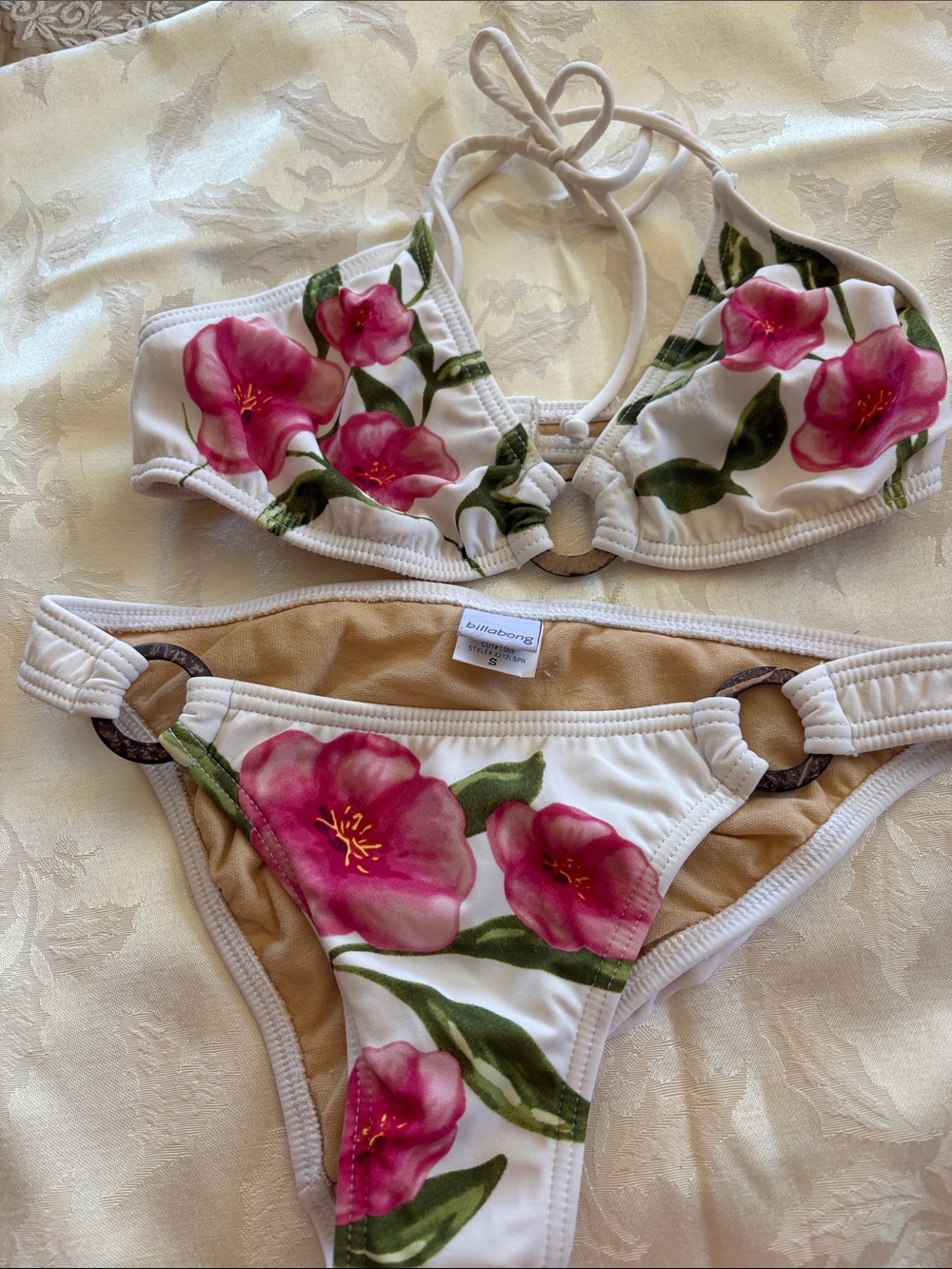 Billabong White Floral Ring-Accent Bikini with Pink Flowers
